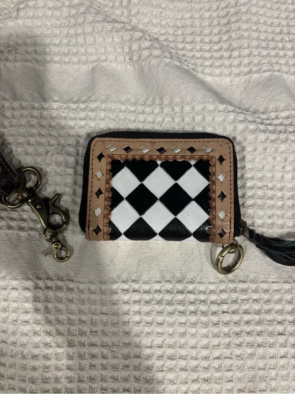 Leather Western Wristlet Keychain Wallet - Black & White with cow wrist strap